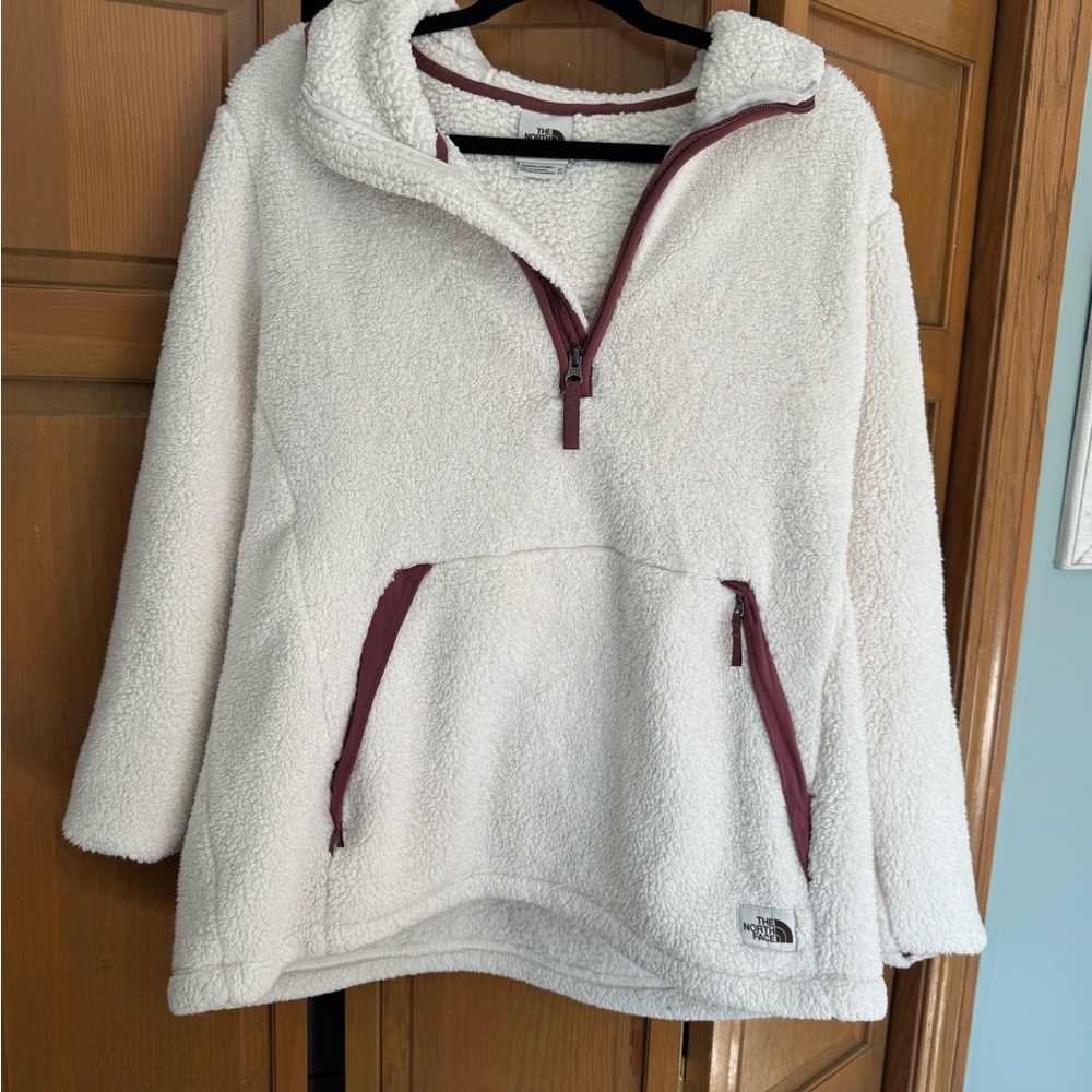 The North Face Cream Sherpa Hoodie with Maroon Accents